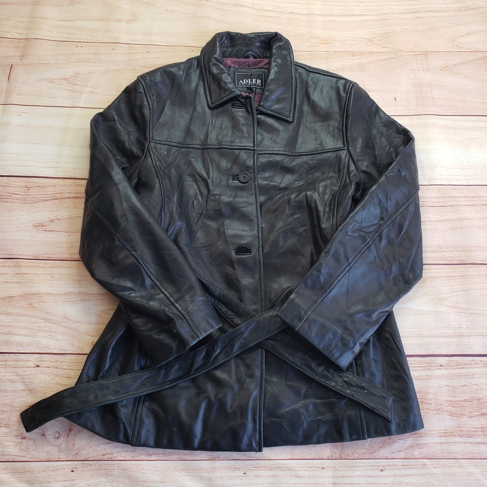 Adler Collection‎ Genuine Leather Jacket Women L Black Belted Button Up Trench